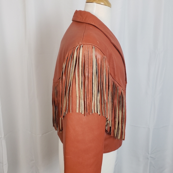 Vintage Pioneer Wear Retro Orange Leather Fringe Western Jacket - Picture 6 of 8